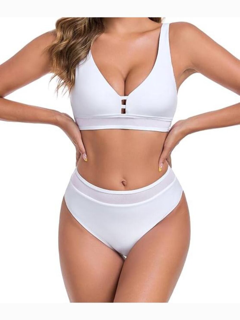 Deep V-Neck Mesh Trim High-Waist Two-Piece Bikini Set